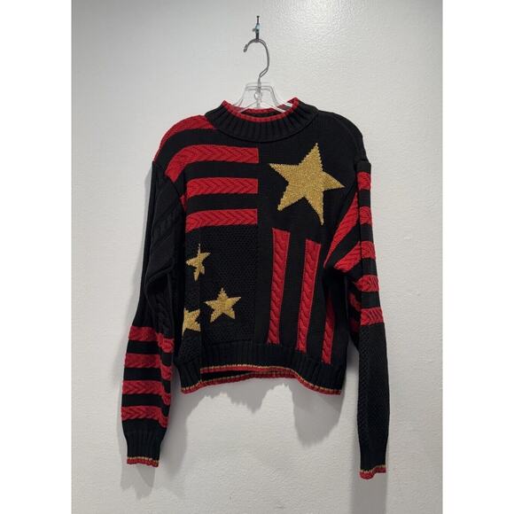 Lizwear Sweaters - Vintage Lizwear Size Medium Black Red Gold Stars Stripes Sweater Cable Knit